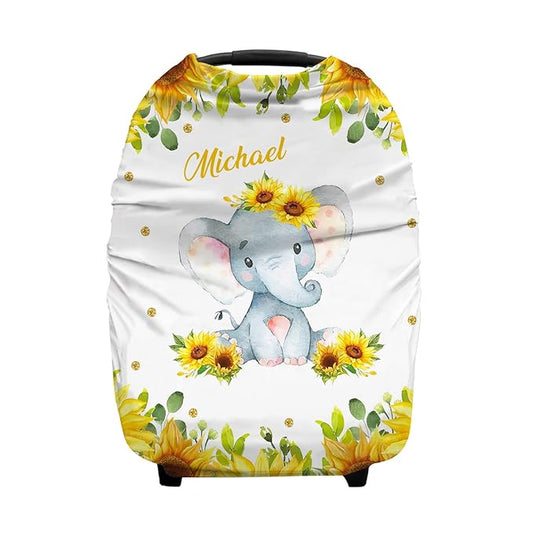Personalized Baby Car Seat Covers with Name, Custom Nursing Cover Breastfeeding for Babies, Carseat Canopy for Girls and Boys, Infant Stroller Cover, Breathable Carseats Cover (Elephant Sunflower)