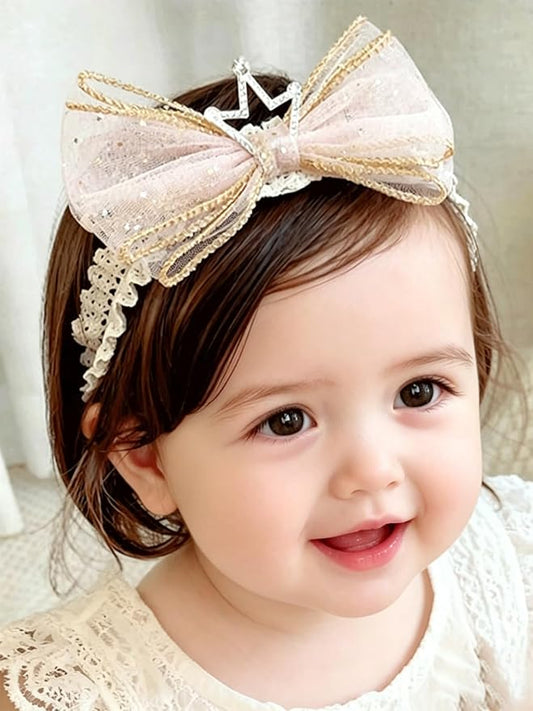 Baby Girls Hairbands Bow Lace Headband Handmade Soft Stretchy Pink Bowknot Hairbands Newborn Hairband with Bows Elastic Hair Bands for Kids Infant(Light Pink Crown Bow)