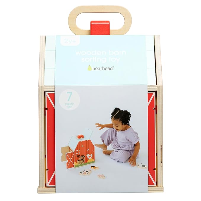 Pearhead Farm Animal Shape Sorter – Wooden Barn with 6 Chunky Animal Blocks, FSC-Certified, Flip-Up Roof & Carrying Handle, Montessori Pretend Play Toy for Boys and Girls, 2 3 4 Year Old
