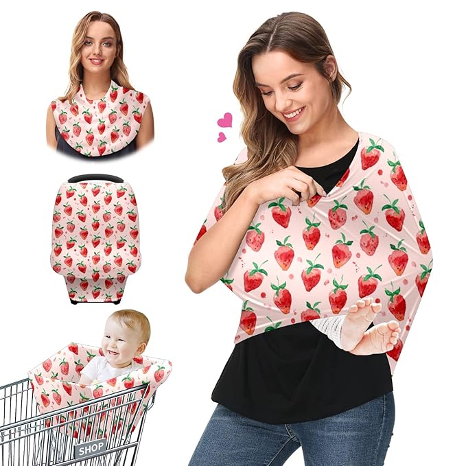 Baby Car Seat Stroller Covers Strawberry Fruit Summer Nursing Cover Breastfeeding Scarf Soft Breathable Stretchy Infant Car Canopy Coverage Carseat Cover for Boys and Girls Multi Use
