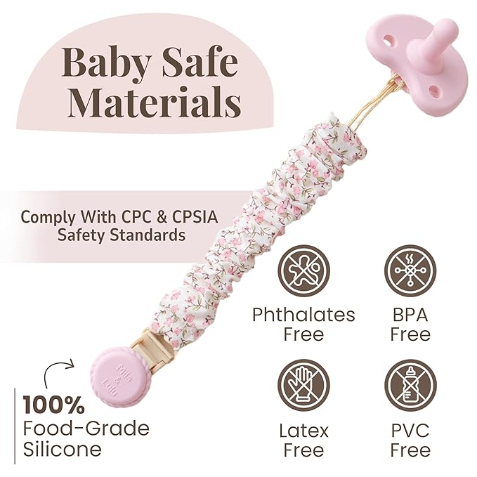 Muslin Cotton - Metal-Free Pacifier Clips, Lightweight and Secure Pacifier Holder for Babies (Ballerina Fleur) - Mila & Lulu
