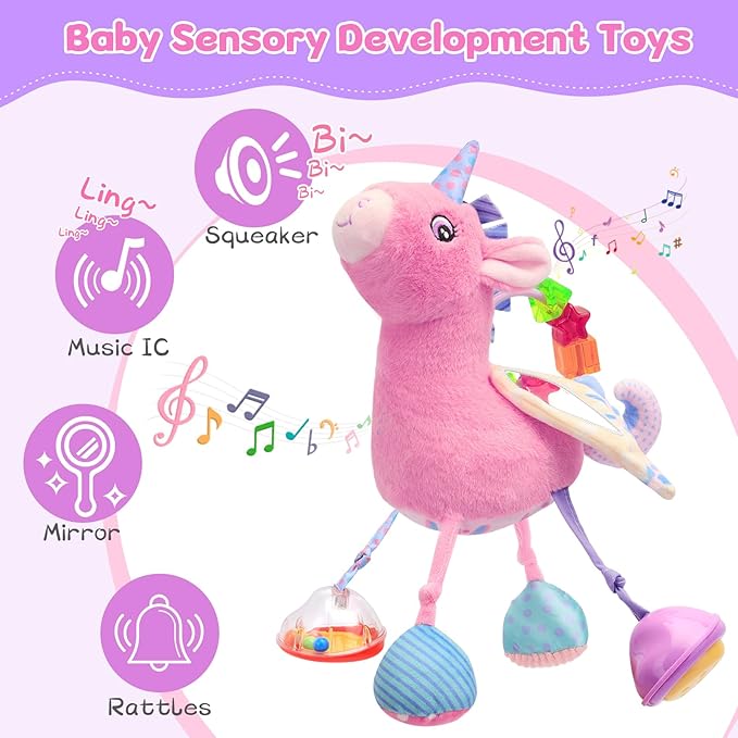 Car Seat & Stroller Toy for Girl - Musical Sensory Plush with Rattle & Mirror Baby Toys 0-12 Months Hanging Travel Carseat Toys Soft Squeaky Stuffed Animal Unicorn for Babies Gifts