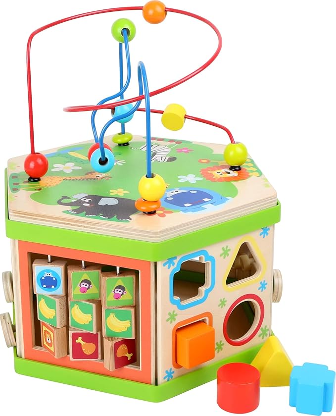 Small Foot Wooden Toys Safari Theme 12" Activity Cube Center 7-Sided Designed for Motor Skills Training Designed for Children 12+ Months, Multi