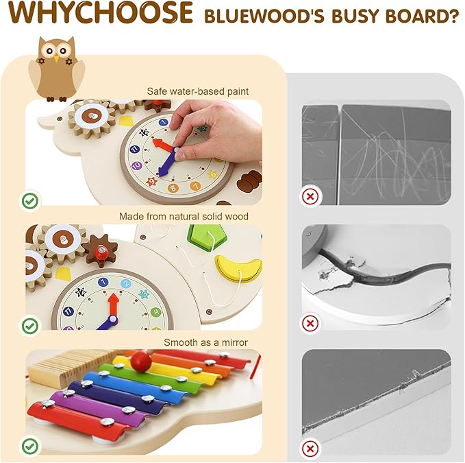 Owl Activity Wall ToysBusy Board, Wooden Montessori Sensory Toys, Learning Activity Center for Playroom,Daycare, Nursery, Classroom, Educational Toys for Toddler