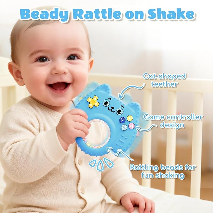 Silicone Baby Teething Toys for 0-6-12 Months, Kitten Remote Rattle Teether for Infant Gum Relief, No BPA Chew Toy for Infant 0-3-6-9-12, Easy-Grip Ring Gift for Travel & Bath