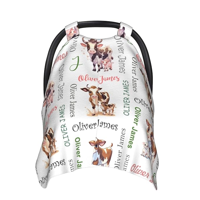 Custom Baby Car Seat Canopy Personalized Car Seat Covers with Name for Baby Boys Girls Customized Cow Nursing Breastfeeding Cover Infant Carseat Canopies Newborn Minky Baby Blanket