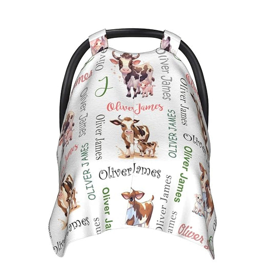 Custom Baby Car Seat Canopy Personalized Car Seat Covers with Name for Baby Boys Girls Customized Cow Nursing Breastfeeding Cover Infant Carseat Canopies Newborn Minky Baby Blanket