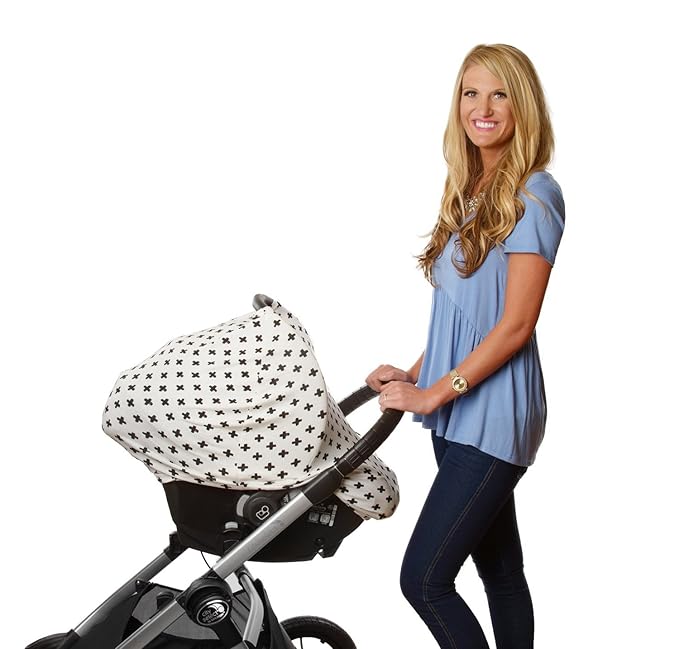 Stretchy Baby Car Seat Cover Canopy with Snaps Multi-use Nursing, Shopping Cart, & High Chair Cover 4 in 1 Design "Cross" Super Soft, Breathable Fabric Baby Shower Gift