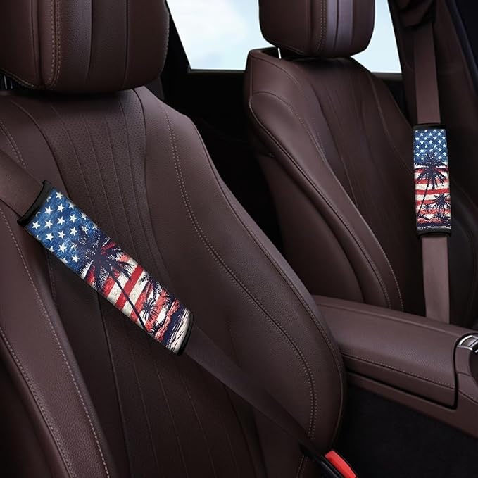 AFPANQZ American Flag Palm Auto Seat Belt Cover Pads for Men Women 2 Piece Safety Seatbelt Pad Cushion Universal Fit for Truck Van Sedans SUVs Bohemian Red Shoulder Strap Pads