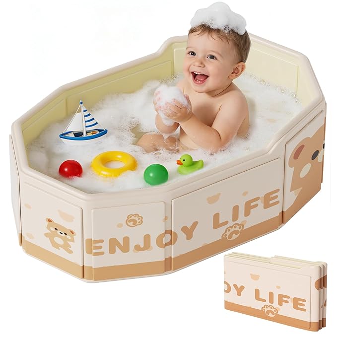 Foldable Baby Bath, Collapsible Baby Bathtub 3M-8Y, Portable Travel Baby Bath Tub with Non-Slip Base, Pop Up Folding Newborn Toddler Shower Tub, Space Saving, Brown
