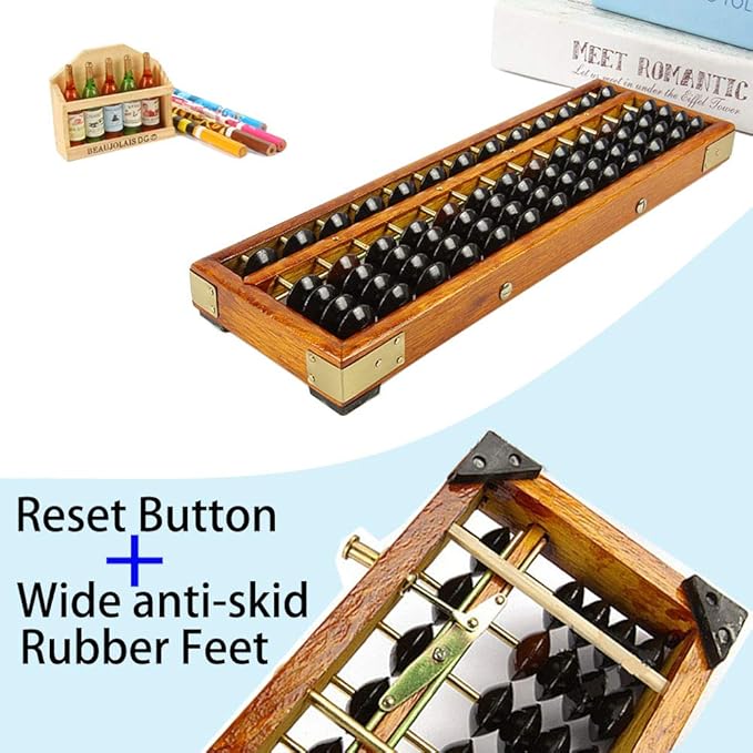Vintage Style Wooden Abacus Soroban 13 Column(10.7 in) Math Professional Abacus for Adults Kids with Guide Handbook and Reset Button, Anti-Skid Rubber Feet