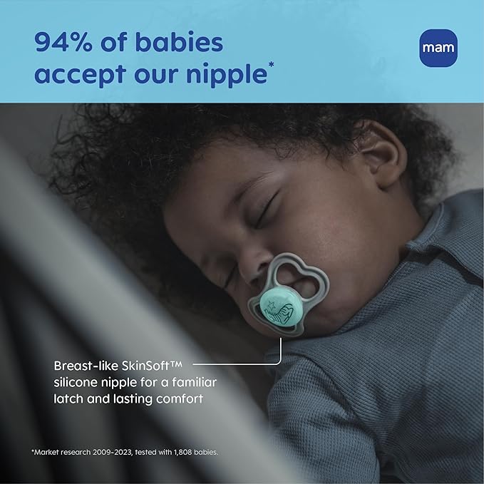 MAM Air Pacifier for Babies 6-16 Months, Extra Air Flow for Sensitive Skin, Glows in The Dark, Developed With Medical Experts, BPA-Free Skin Soft Silicone, 2 Count, With Sterilizer Case Made in Europe