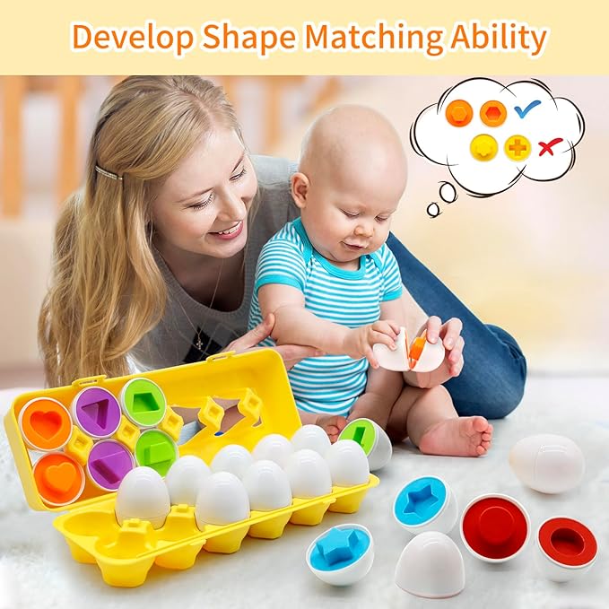 12 Pcs Plastic Easter Eggs Toys for Toddlers 1-3, Shape Sorter Puzzle Montessori Toys Color Matching Game Learning Activities Baby Easter Basket Stuffers Gifts for Kids 1 2 3 Year Old Girl Boy