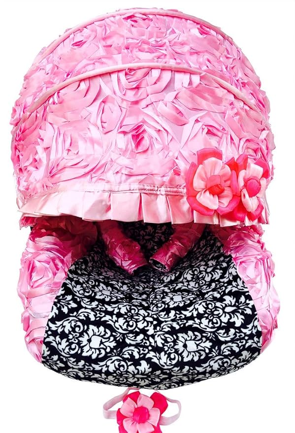 Rosy Kids Infant Carseat Canopy Cover 3pc Whole Caboodle, Baby Car Seat Cover Outdoor Kit, 3D Rosette Fabric, Baby Pink Damask Print