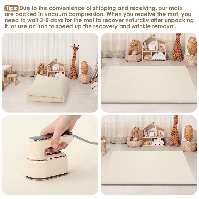 Baby Play Mat 50" X 50",Premium Foam Crawling Mat, Thick & Super Soft Vegan Leather Floor Mat,Non-Slip Cushioned Baby Playmat for Infants, Babies, Toddlers,Mat for Living Room(Cream)