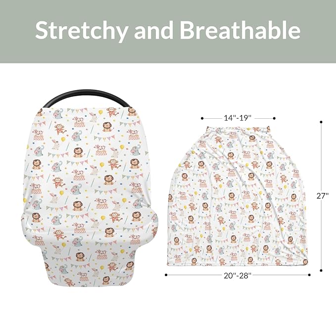 Cute Circus Animals Car Seat Cover for Babies Monkey Elephant Lion Rabbit Pig Stretchy 5-in-1 Cover Adjustable Car Canopy Breastfeeding Cover Colorful Zoo Animals Breathable Nursing Cover-Up