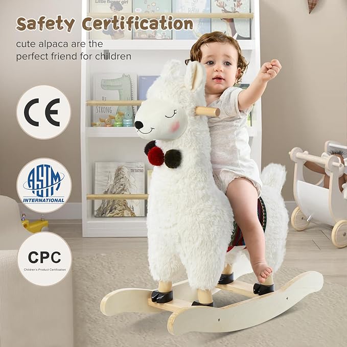 labebe - Baby Rocking Horse Wooden, Plush Stuffed Rocking Animals White, Kid Ride on Toys for 1-3 Years Old, Llama Rocking Horse for Girl&Boy, Toddler/Infant Rocker for Nursery, Kid Riding Toys/Horse