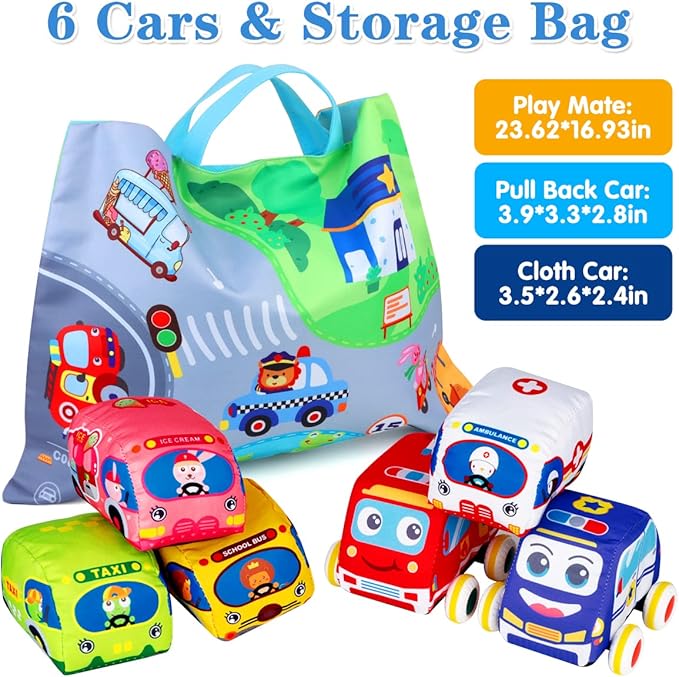 Baby Toys 6 to 12 Months - Soft Car Toys for 1 Year Old Boy Girl with Playmat Storage Bag - Infant Baby Toys 12-18 Months Toddler Toys Age 1-2 - 1st Birthday Gifts 1 2 3 Years Old Baby