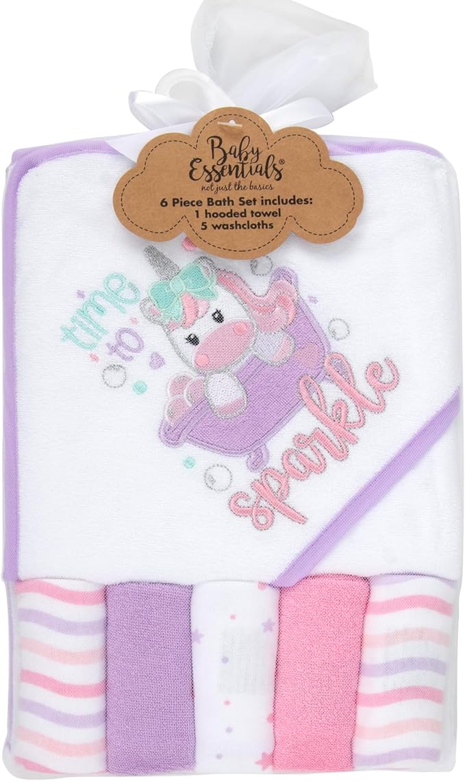 Baby Hooded Bath Towel and Washcloth Set for Infant Girls 6-12 Months (Little Sprinkle Magical Unicorn)