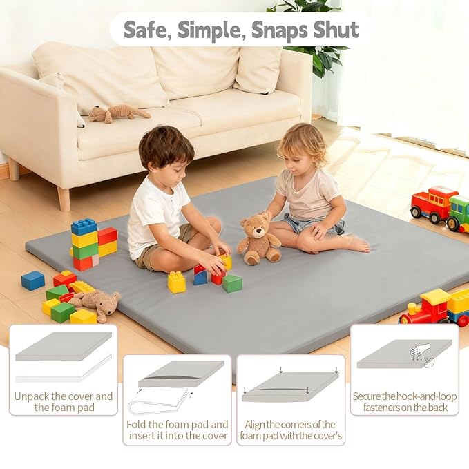 PU Leather Baby Play Mat for Floor, 47"×47" Playpen Mat, 1.3" Thick Elasti-Foam, Non-Slip Crawling Mat for Tummy Time, Waterproof & Wipe-Clean Playmat for Toddler,Infant, Kids (Grey）