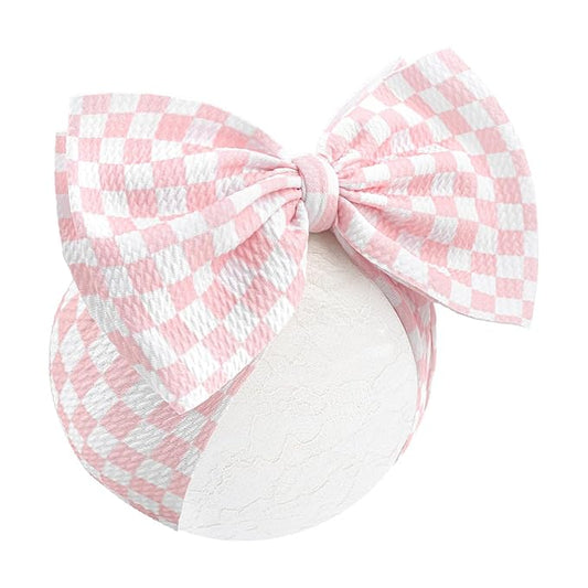 YanJie 7’’ Pink Checkered Bow for Baby Girl Racing Bows Plaid Headbands for Newborns Infants Toddlers Two Fast Birthday Girls Hair Accessories