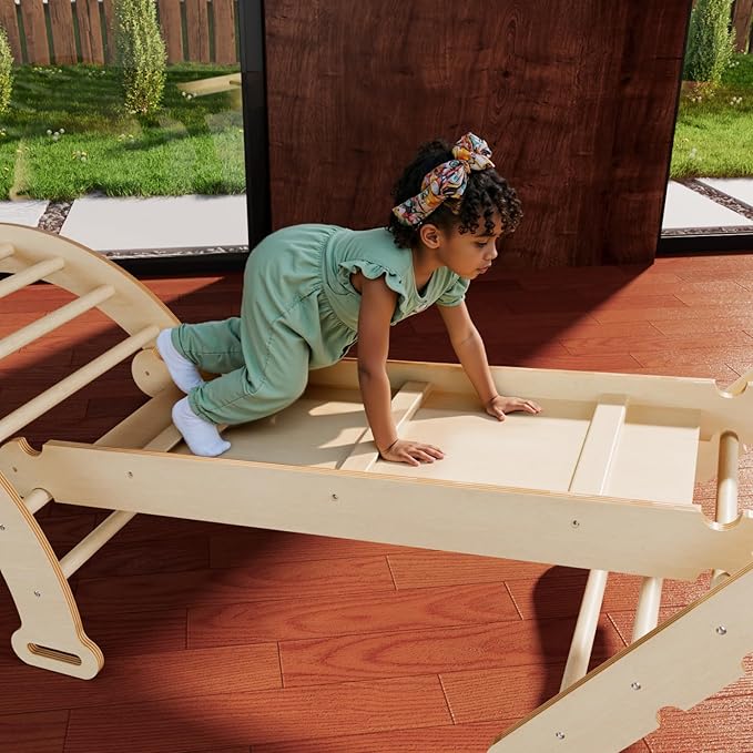 LINKHOO Pikler Triangle Set of 4, Wooden Montessori Climbing Set for Toddlers Ages 2-8, Indoor Jungle Gyms with Arch, Ramp, Ladder and Climbing Net, Natural