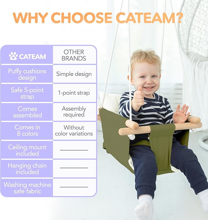 CaTeam - Canvas Baby Swing, Wooden Hanging Swing Seat Chair with Safety Belt, Durable Baby Swing Chair, Outdoor and Indoor Swing for Kids, Mounting Hardware Included, Green