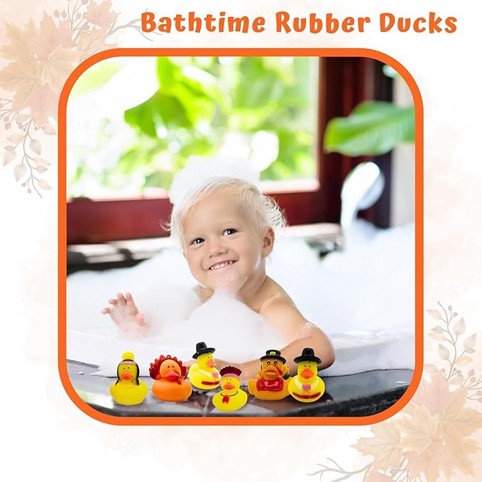 4E's Novelty Thanksgiving Rubber Duckies (24 Pack) Thanksgiving Themed Rubber Ducks Bulk Turkey & Pilgrim Ducks, Thanksgiving Party Favors Supplies for Kids Adults, Table Centerpiece, Bath Toys
