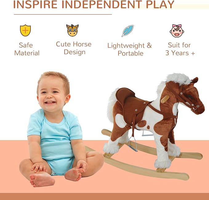 Qaba Wooden Toddler Rocking Horse, Kids Plush Ride on Horse Toy Animal Rocker with Nursery Rhyme Music Brown