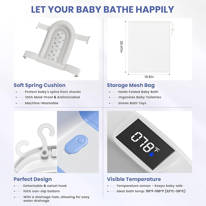 Collapsible Baby Bathtub with Soft Cushion and Thermometer, Newborn to Toddler Tub 0-36 Months with Toy Storage Mesh Bag, Portable Travel Bath for Infants (Blue)