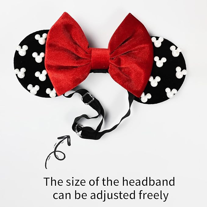 JIAHANG Baby Girls Adjustable Mouse Ear Hair Bow Headband with Beadings, Fashion Velvet Hair Bow Hairband for Infant Toddler School Girls