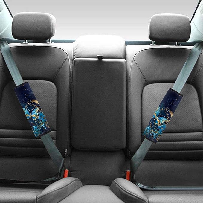UNICEU Galaxy Blue Butterfly Car Seat Belt Covers, Soft Shoulder Strap Pad for Kids Adults, 2 Packs Soft Neoprene Safety Seatbelt Shoulder Strap