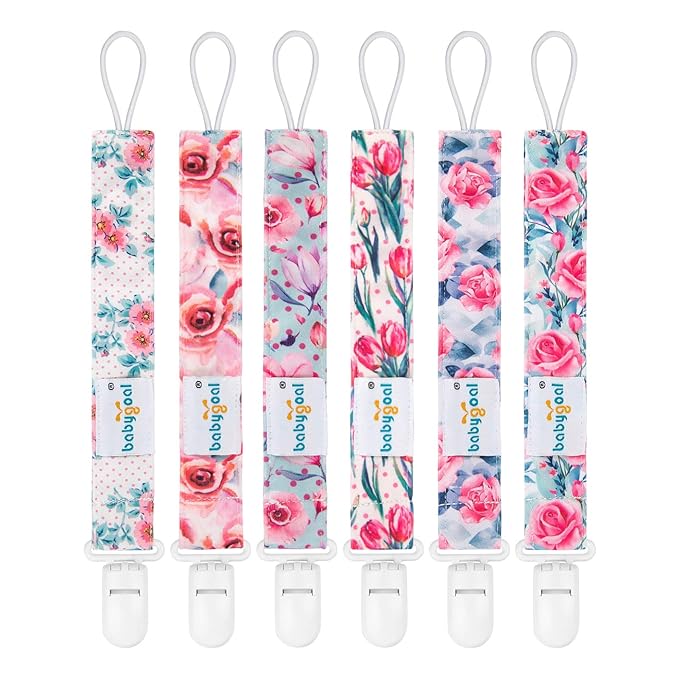 babygoal Floral Pacifier Clips, 6 Pack Binky Paci Holder Clips Leashes Fits for Most Baby Pacifiers and Binkies