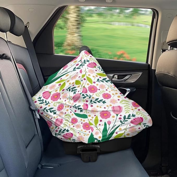 Biyejit Pink Floral Car Seat Covers for Babies, Multi-Use Cover-Silky Mom Nursing Cover Infant Breastfeeding Scarf Shopping Cart High Chair Ultra-Soft Stretchy for Boys and Girls