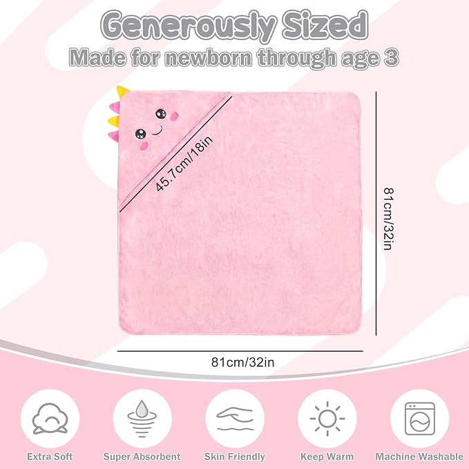 2 Pack Hooded Baby Towels Soft Absorbent Coral Fleece Baby Bath Towels with Animal Hood 32x32 Inch Toddler Bath Towel for 0-3 Years Newborn Baby Shower (Grey Elephant & Pink Dinosaur)