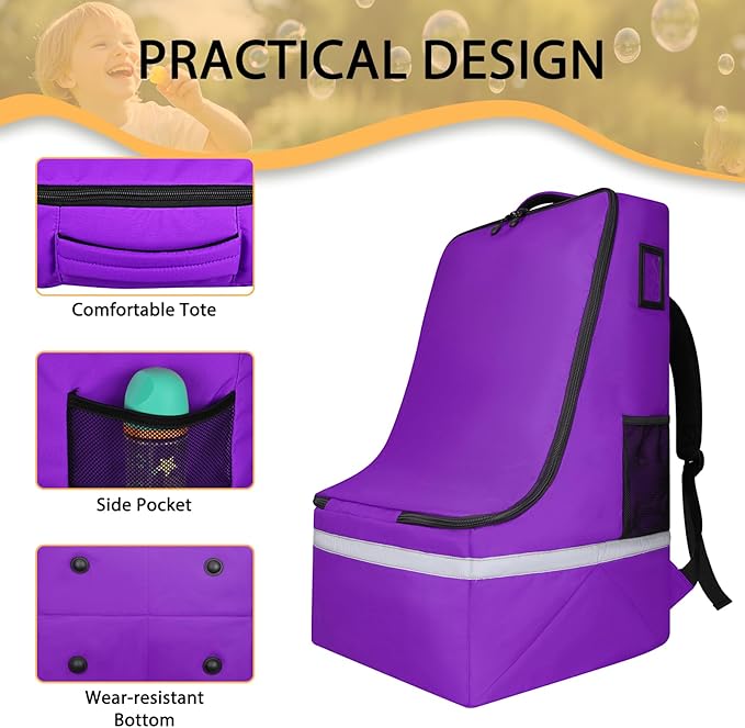 LARIPOP Car Seat Travel Bag for Airplane, Universal Gate Check Car Seat Bag, Padded Backpack with Waist Belt, Reflective Strips & Protective Feet, Fits Infant Convertible Booster Seats, Purple