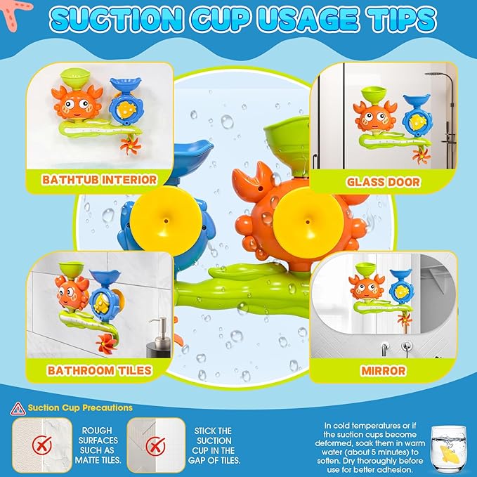 Bath Toys for Toddlers 1-3, Crab Water Wheel Bathtub Toys with 2 Suction Cups, Baby Shower Toys with Spinning Waterfall & Water Scoop, Bathroom Pool Toys for Kids Ages 1+ Year Old Boys Girls Gifts