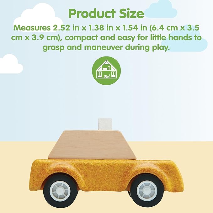 PlanToys® Yellow Taxicab Wooden Montessori Vehicle Toy | Early Movement, Imagination and Practical Life Exploration | Eco Friendly Taxi for Indoor and Outdoor Play