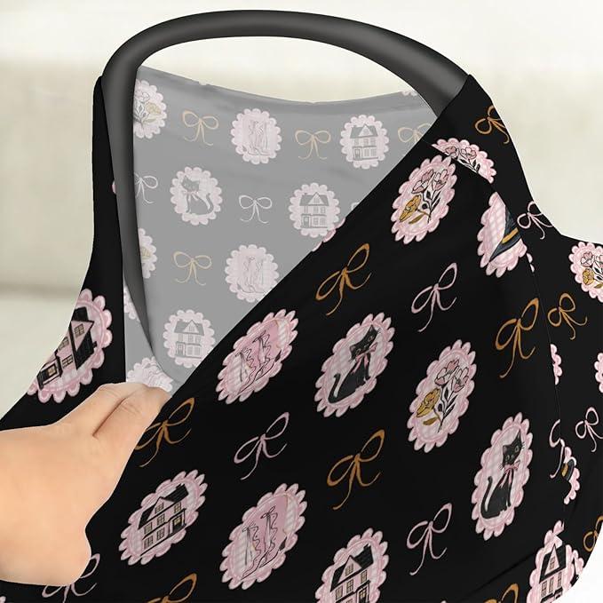 Cute Pink and Black Halloween Baby Car Seat Covers Witch Cat Castle Floral Bows Stretchy 5-in-1 Cover Adjustable Infant Carseat Cover Canopy Spooky Halloween Breathable Nursing Cover-Up