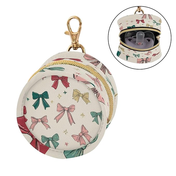 Pacifier Holder with Clip Pacifier Case for Diaper Bag Round Baby Pacifier Pouch Box Bag Portable Bows and Stars Beige