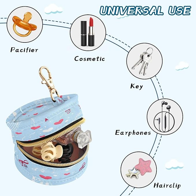 Pacifier Holder with Clip Pacifier Case for Diaper Bag Round Baby Pacifier Pouch Box Bag Portable Sky Blue Music Note and Hearts