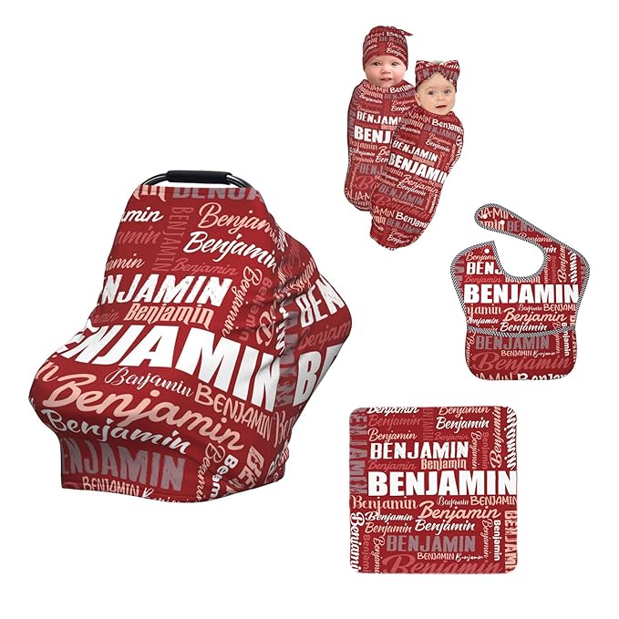 Personalized Baby Car Seat Cover for Boys Girls, Custom Monogram Nursing Covers for Breastfeeding with Name, Infant Stroller Cover, Optional Baby Bib, Baby Swaddle Set for Newborn Infant