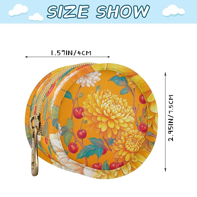 Pacifier Holder with Clip Pacifier Case for Diaper Bag Round Baby Pacifier Pouch Box Bag Portable Orange Cute Chrysanthemum and Cherries