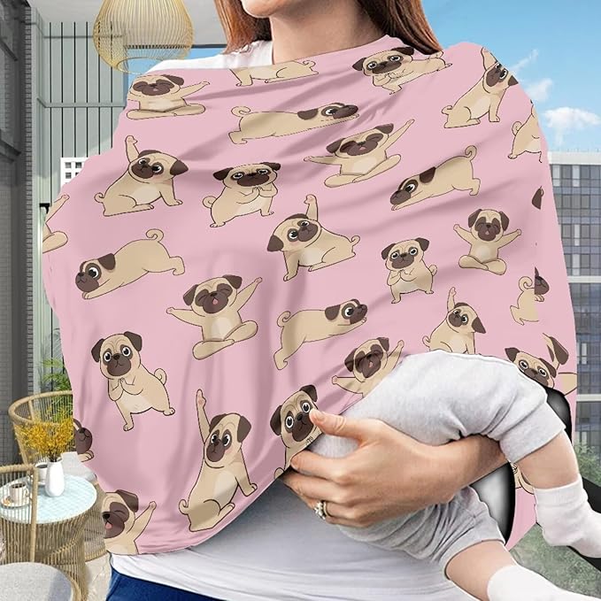 AFPANQZ Cartoon Pug Dog Car Seat Covers for Babies Stretchy Lightweight Extra Soft Nursing Cover Breastfeeding Shield Carseat High Chairs Gender Neutral Shopping Carts Infant Baby Beanie and Bags