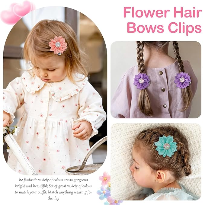 OAOLEER 40PCS 2” Flower Baby Hair Bows Clips, Mini Satin Floral Toddler Bows with Rhinestone Hair Accessories for Girls Toddlers Infants (40pcs Flower Bows-C)