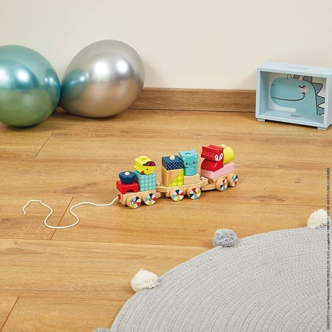 Janod - Baby Forest Wooden Train - Pull-Along Toy - 17 Blocks Included - Learning Shapes and Colours - Developing Fine Motor Skills - from 1 Year Old, J08022