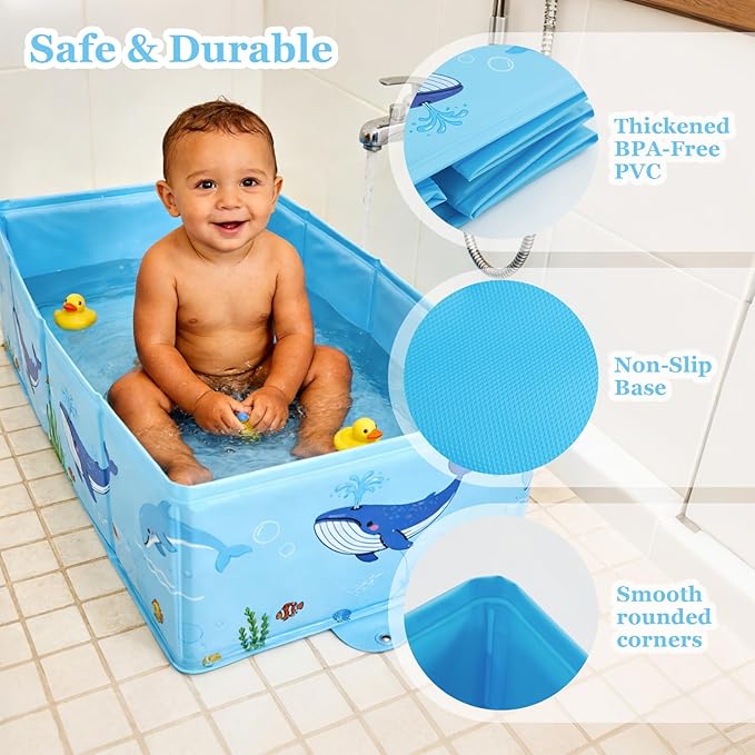 AirSwim Collapsible Baby Bathtub, Foldable Bathtub with a Drain Plug for 6M-4Y Infant Toddler, Space Saving Portable Baby Bath Tub for Travel, Quick Drain and Easy to Clean, No Assembly Required, Blue