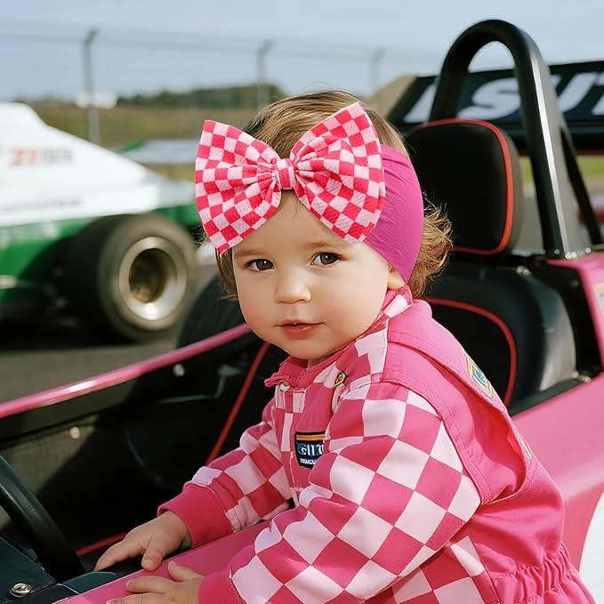 YanJie 2PCS 6’’ Hot Pink Bows for Baby Girls Checkered Headband Pink Bow Infants Toddler Hair Accessories Newborn Headbands Hair Bow Baby Clothes