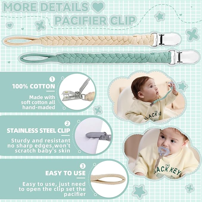 4 Pcs Pacifier Clip, Pacifier Clips for Boys & Baby Girls Pacifier Holder Clip Binky Clips Braided 100% Handmade Fits All Pacifiers(Blue, 4 Pack)