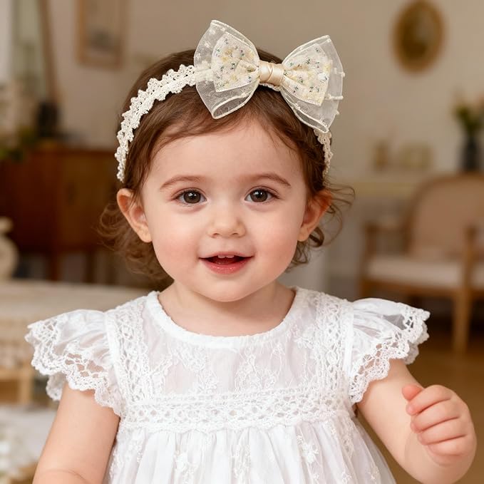 Handmade Baby Girl Headbands in Beige Baby Bows and Floral Lace Headband Bows for Newborns and Toddlers Cute Baby Girl Bows and Newborn Headband Bows